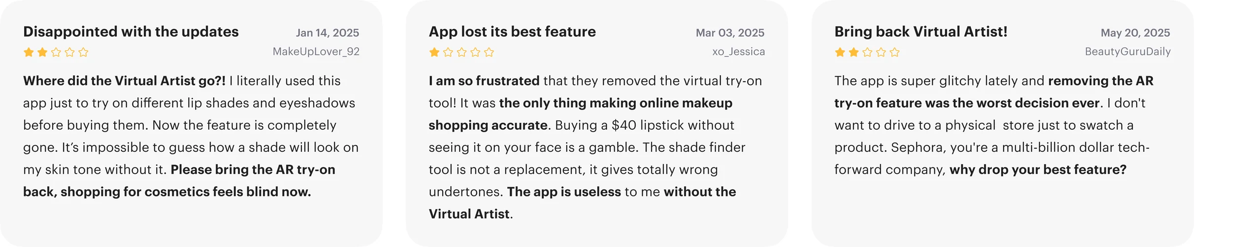 User reviews of the AR try-on being removed